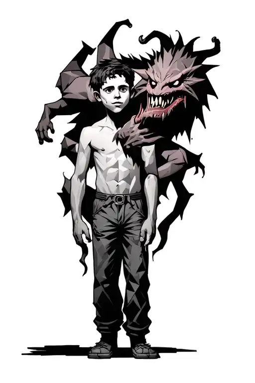 A Boy Standing With A Scary Demon Wrapped Around Him