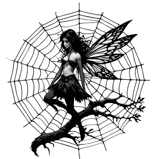 Dark Fairy Standing On A Branch Taking Down A Spider Web