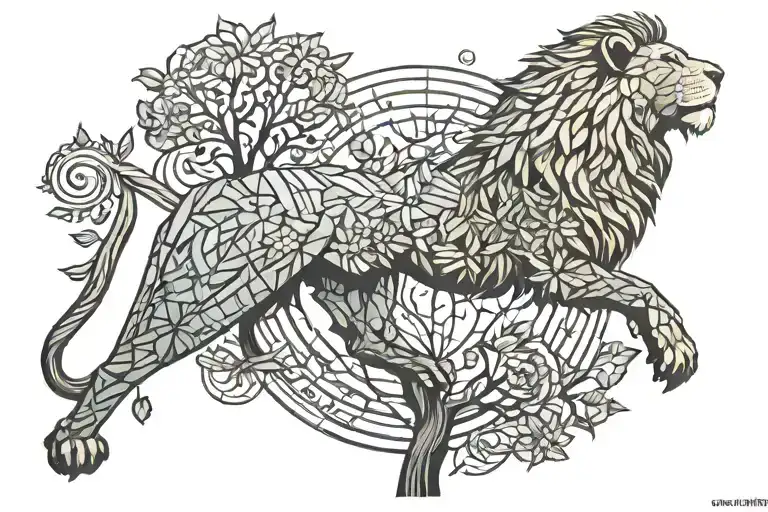 Lion And Tree Of Life And Bird Perched