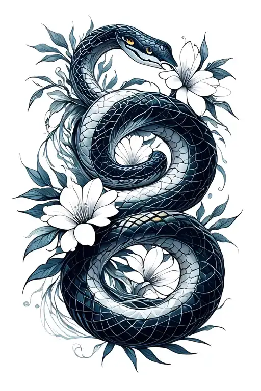 White Snake Coiling Waves Filled With Flowers