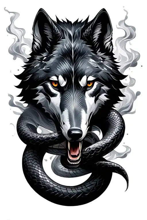 Black Snakes Showing Their Faces Wrapping A Wolf Head With White Smoke