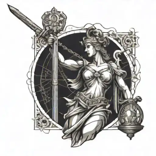 Lady Justice With Sword And Scale In Battle Scene
