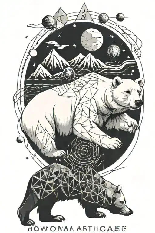 Line Tatoo With Polar Bear And Mountain And Planets