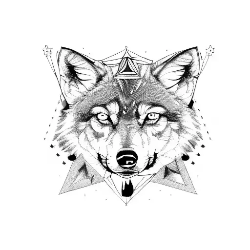 Wolf On An Inverted Triangle With Planets And Stars Above Its Head