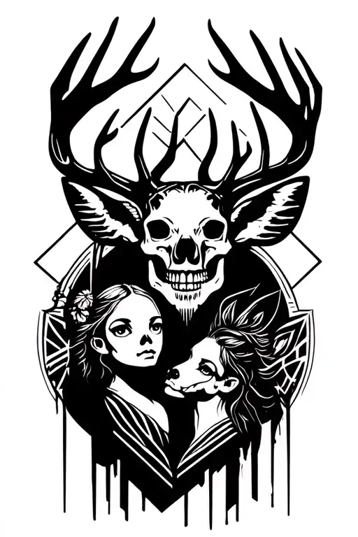 Skull Deer With Daughter And Dad Silhouette Surrounded