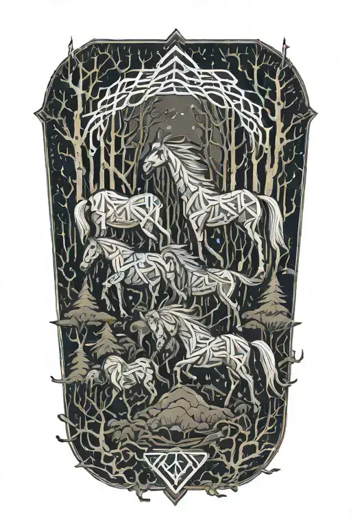 Horses Framed By Thunderstorms In A Forest With Snow