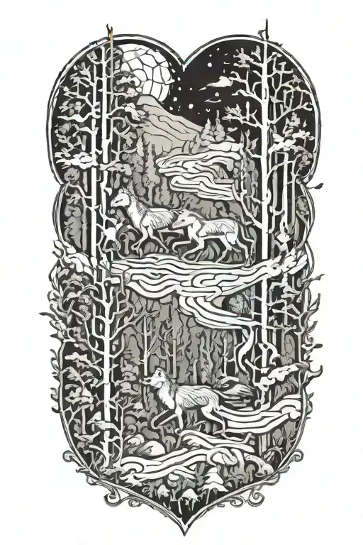 Wolves Running Skeleton Forest Scene With Hidden Horses