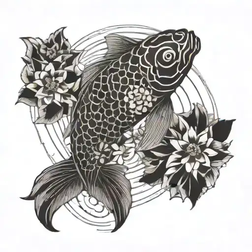 Koi Fish With Flowers Surrounding