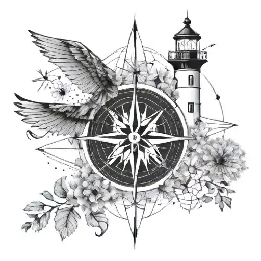 Half Compass Half Lighthouse With Dandelions And Wings