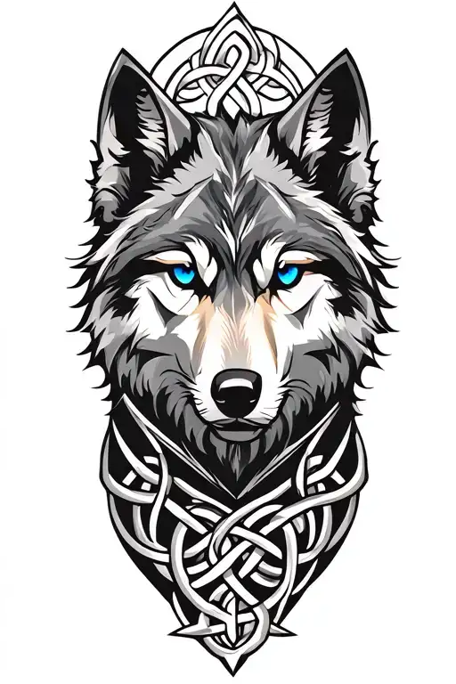 Wolf With Blue Eyes On Armor Tattoo Design Featuring Celtic Trinity Knot