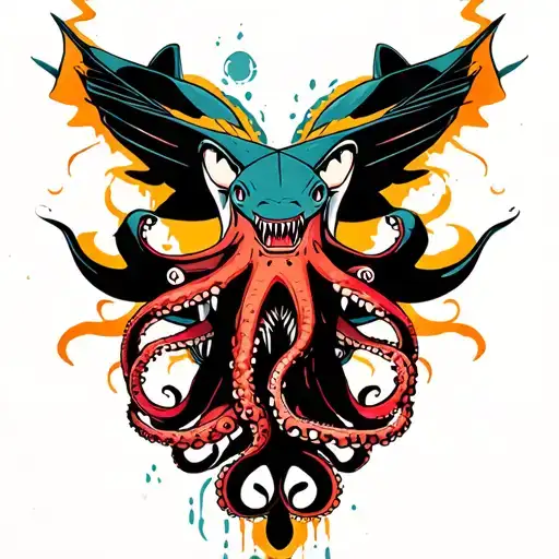Sharks And Octopus Fighting Colorful