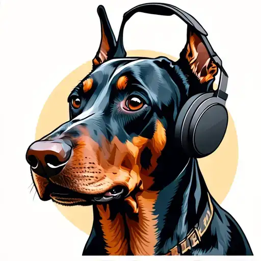 Aggressive Doberman Pinscher Dog Wearing Headphones