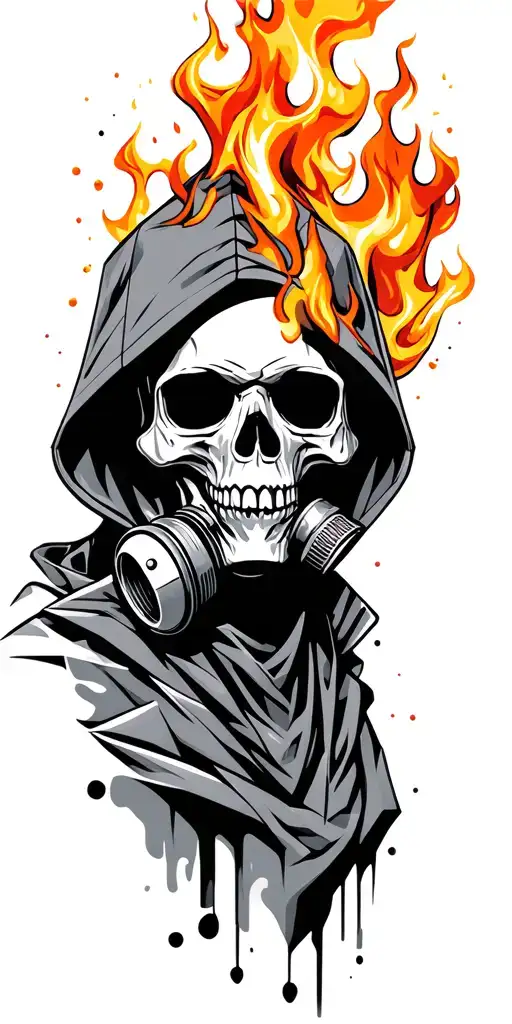 Skull Wearing A Hood And Gas Mask With A Firey Smoky Vally In Background