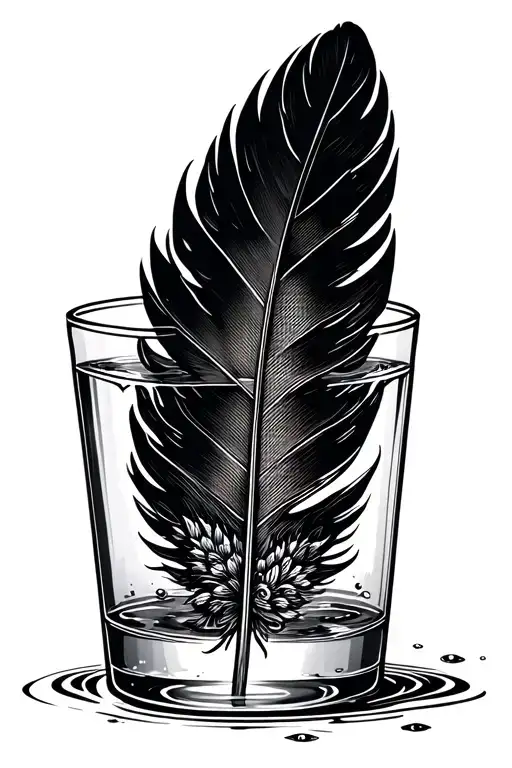 A Geometric Feather In A Small Glass Of Ink Surrounded With Water Outsite And Jungle
