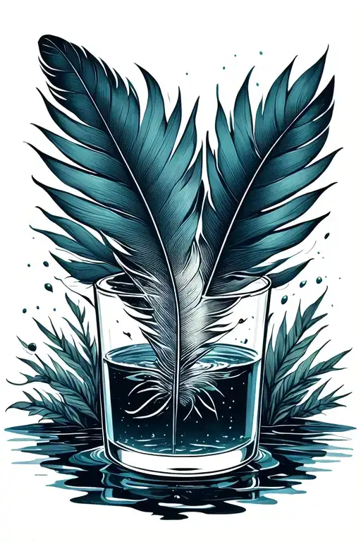 A Geometric Feather In A Small Glass Of Ink Surrounded With Water Outsite And Jungle Plant Arround