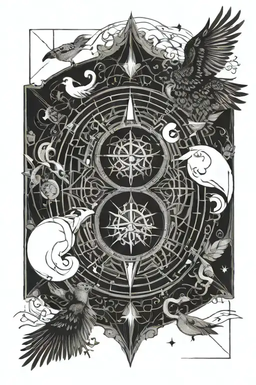 Number 14 In Compass With Yin Yang And Birds