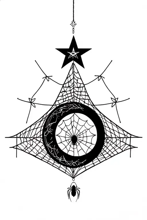 Upside Down Crescent Moon And Star With Spiderweb Hanging From It And Spider Hanging From Web