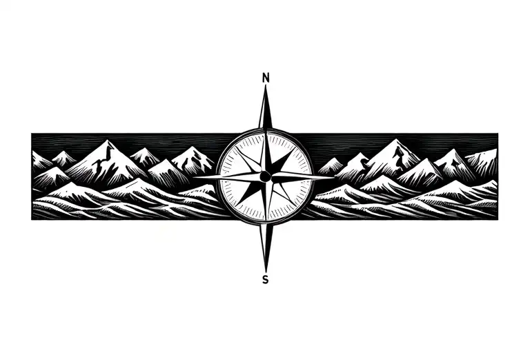 Compass With Band Made Of Mountains And Crashing Waves