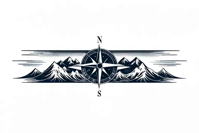 Compass With Band Made Of Mountains And Crashing Waves
