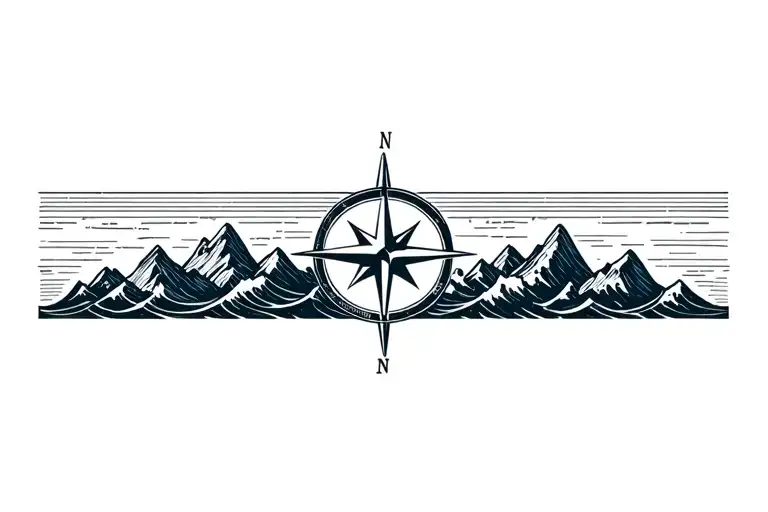 Compass With Band Made Of Mountains And Crashing Waves