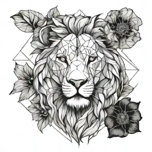 Lion Head With Poppies Blooming