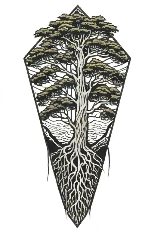 Bald Cypress With Roots Inside Diamond Shaped Line Outlining