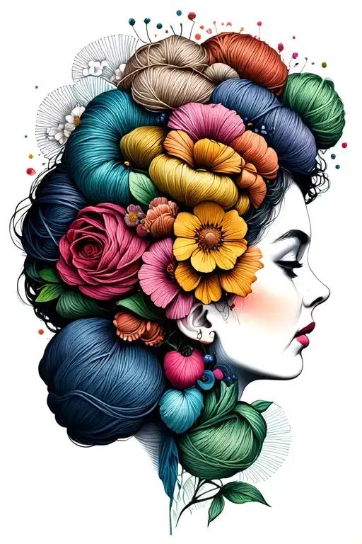 Woman Face Side Profile With Yarn Exploding Out Of Top Of Head Surrounded By Flowers