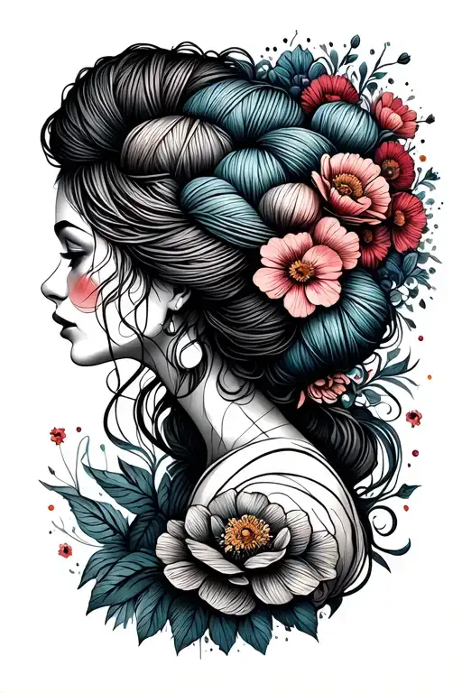 Woman Face Side Profile With Yarn Exploding Out Of Top Of Head Surrounded By Flowers
