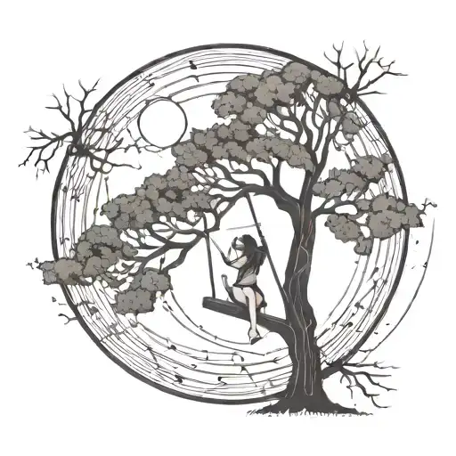 Girls Swinging From Tree With Giant Full Moon In Background