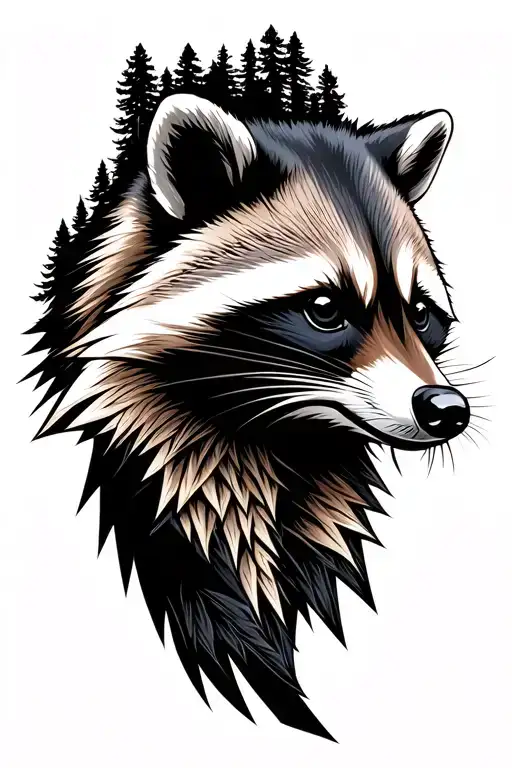 Massive Forest Landscape With Raccoon Face Side Profile Emerging From The Top