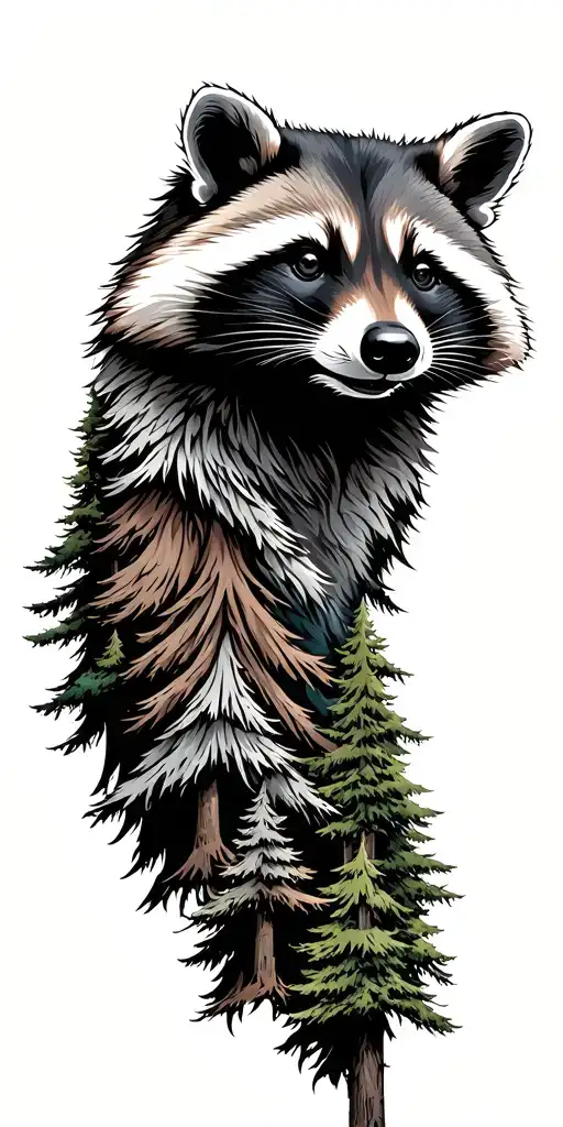 Massive Forest Landscape With Raccoon Face Side Profile Emerging From The Top