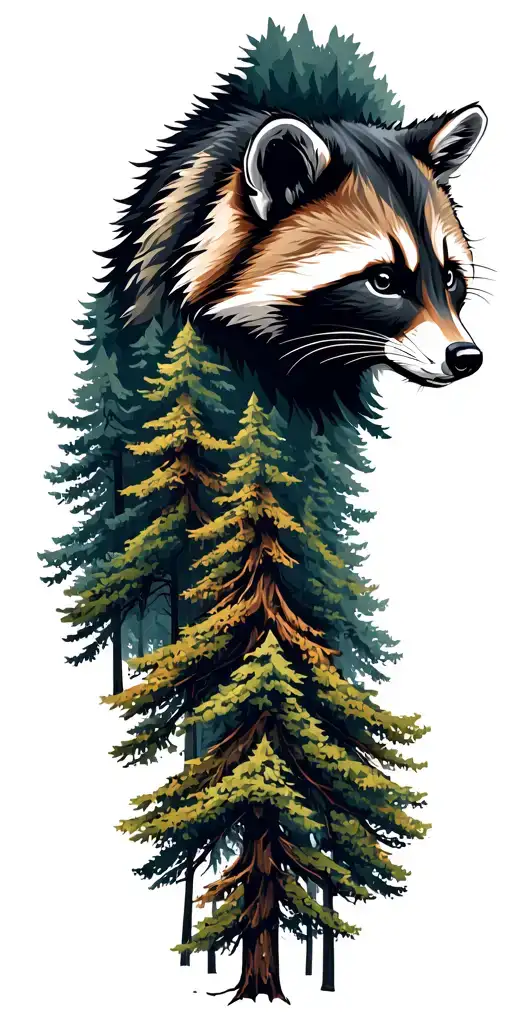 Massive Forest Landscape Full Of Trees With Raccoon Face Side Profile Emerging From The Top