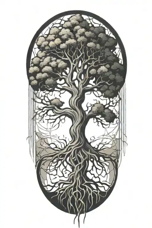 Tree With Intertwinef Trunk And Roots Spreading