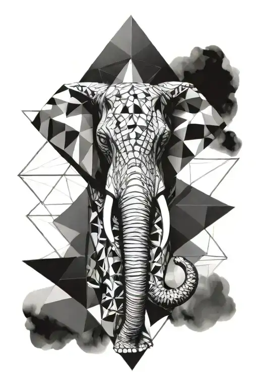 Elephant Head Surrounded By Triangle One Half Black And White One Half Water Color