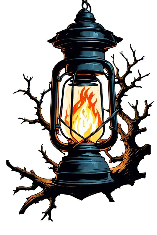 Old Latern With Fire Inside Hanging Out Of Tree Branch