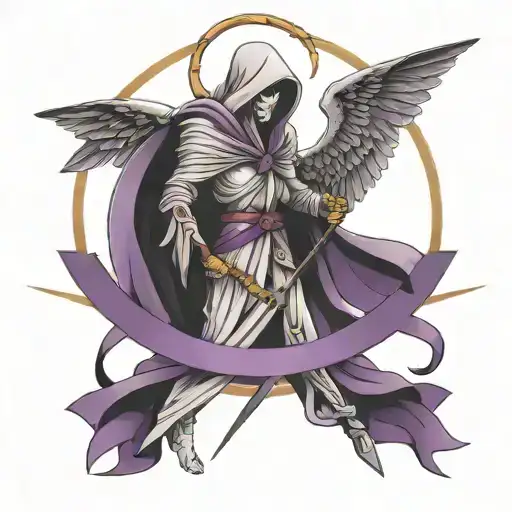Guardian Angel With Purple Ribbon Fighting Grim Reaper