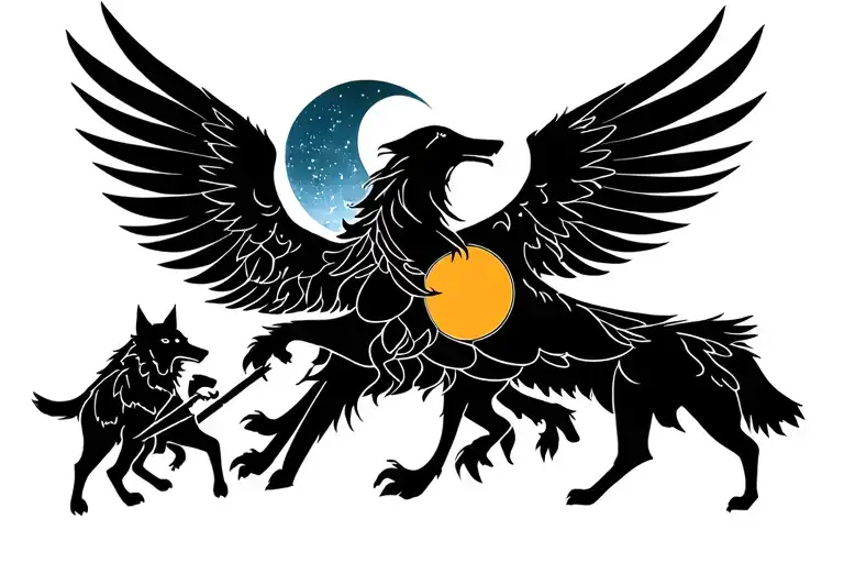 Wolves Viking Universe In Combat In Front Of A Phoenix With Moon And Sun
