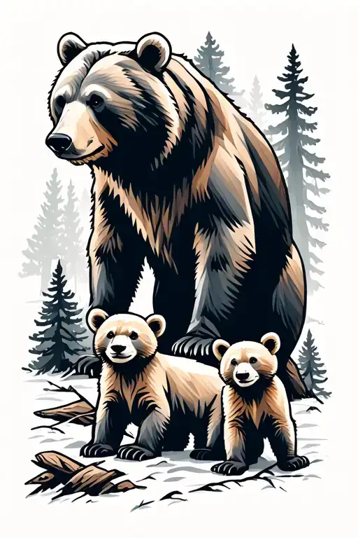 Bear W Cubs In Woods W Cabin