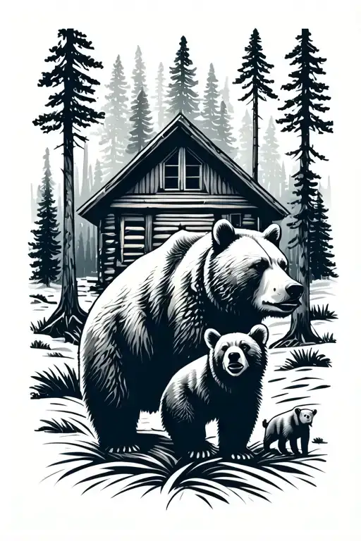 Bear W Cubs In Woods W Cabin In Background