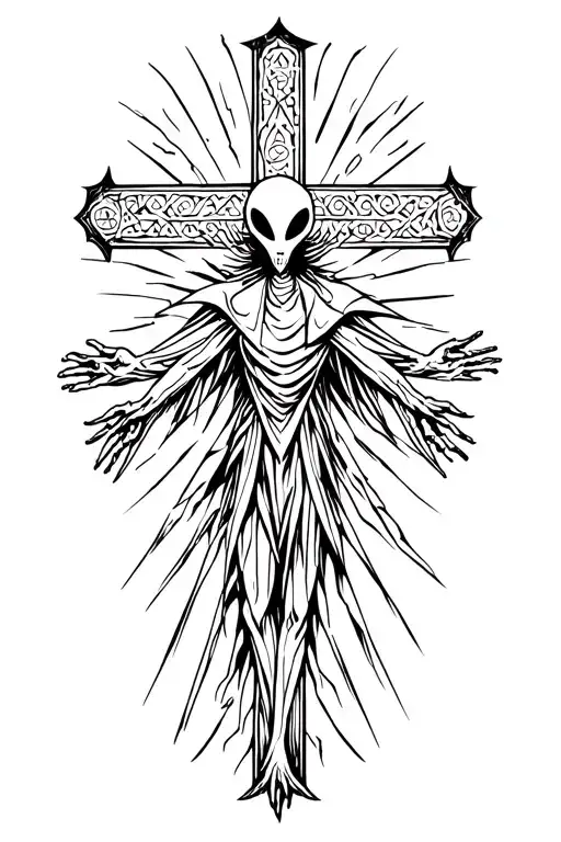 Alien Scarecrow With Arms Spread On A Cross