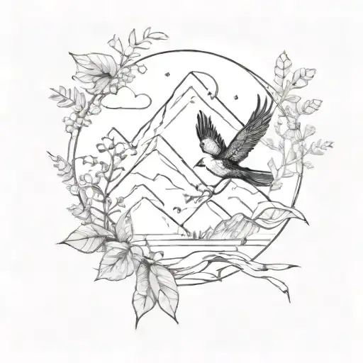A Small Black And White Tattoo Of Mountains With Some Plants And A Freedom Bird