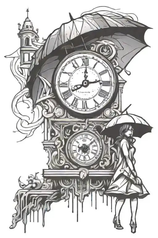 Melting Clock And Banksy Girl With Umbrella