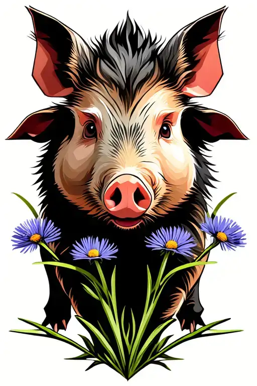 Piglet Wildboar With Cornflowers Growing Out Of Them
