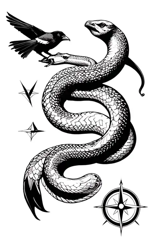 Create A White Illustration Of A Snake Coiled Around A Compass Against A Crow