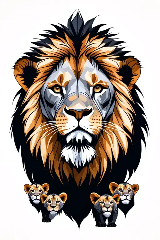 Lion With 5 Cubs Surounding Face