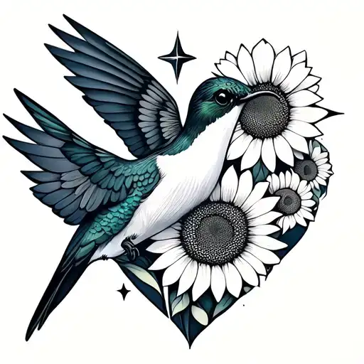 Hummingbird Sunflower And Stars And Heart With Wings