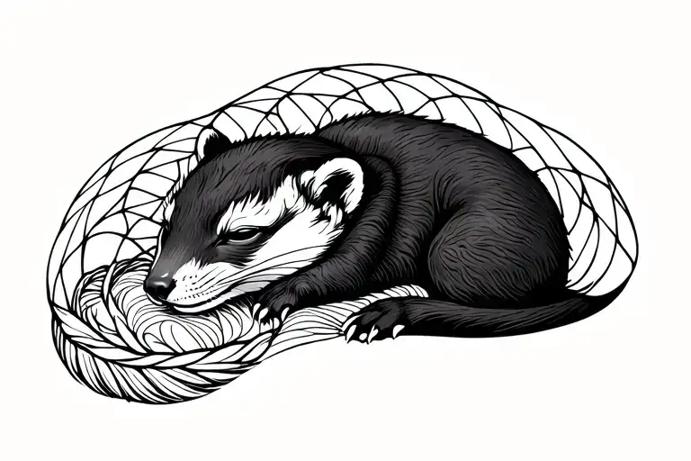 Weasel Curled Up In A Circle Sleeping