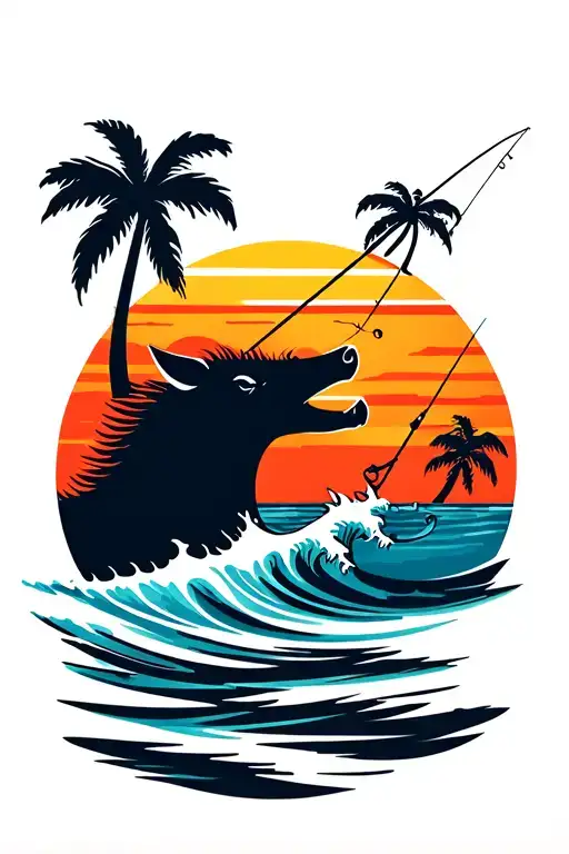 Ocean Waves 1 Surf Boar 1 Fishing Pole 2 Palm Trees Sunset In Background