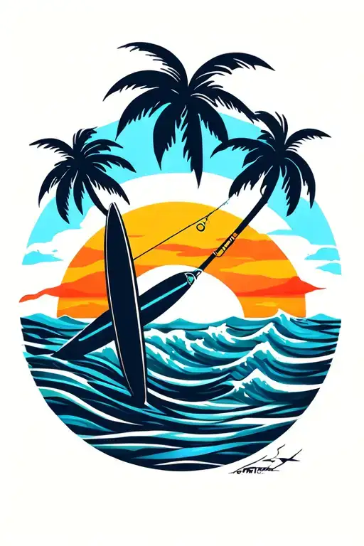 Ocean Waves 1 Surf Board 1 Fishing Pole 2 Palm Trees Sunset In Background