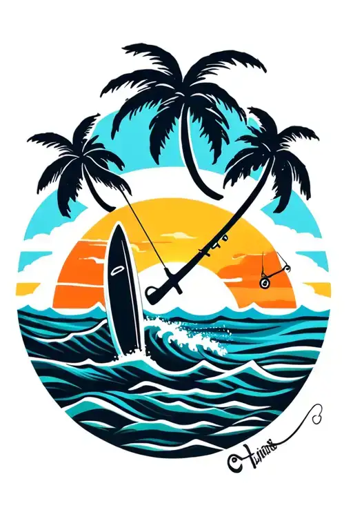 Ocean Waves 1 Surf Board 1 Fishing Pole 2 Palm Trees Sunset In Background